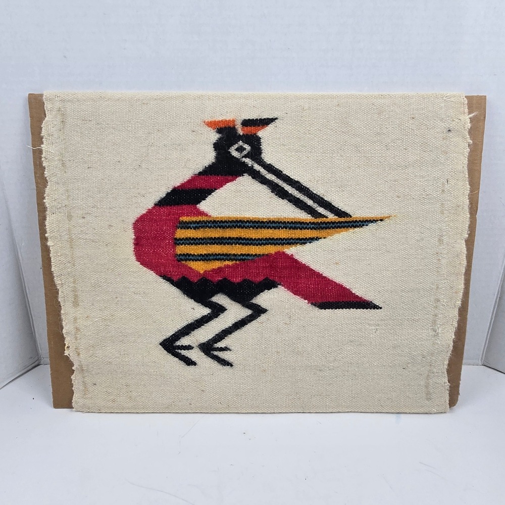Vtg 1966 Ecuadorian Handwoven Wool Tapestry Bird Folk Art 15x14 Provenance Quito